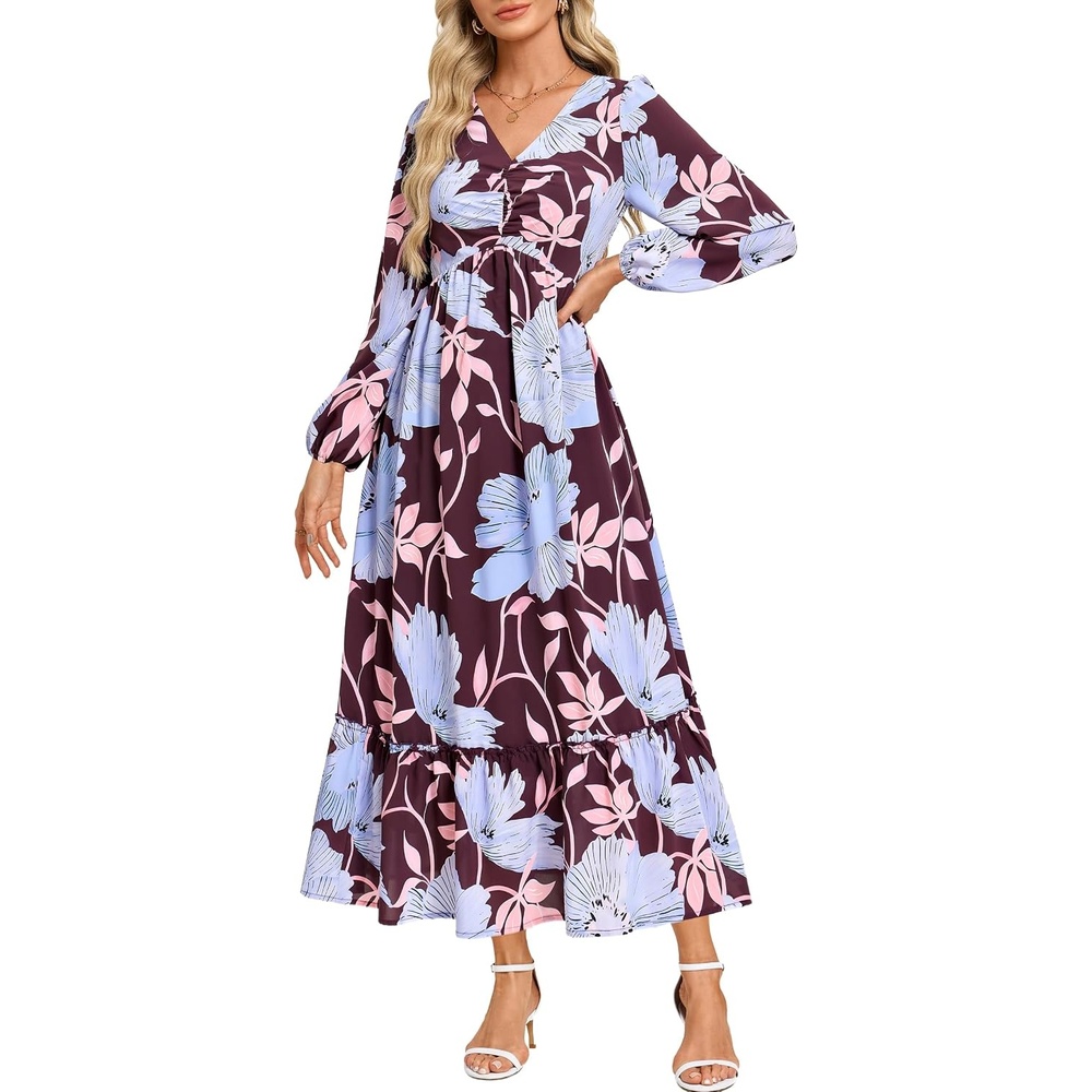 image:imageGRACE KARIN Womens Fall Wedding Guest Dresses 2026 Floral Long Sleeve V Neck Maxi Dress Boho Flowy Outfit with PocketsBrown Blue Floral