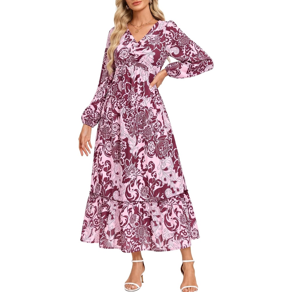 image:imageGRACE KARIN Womens Fall Wedding Guest Dresses 2026 Floral Long Sleeve V Neck Maxi Dress Boho Flowy Outfit with PocketsWine Red Floral