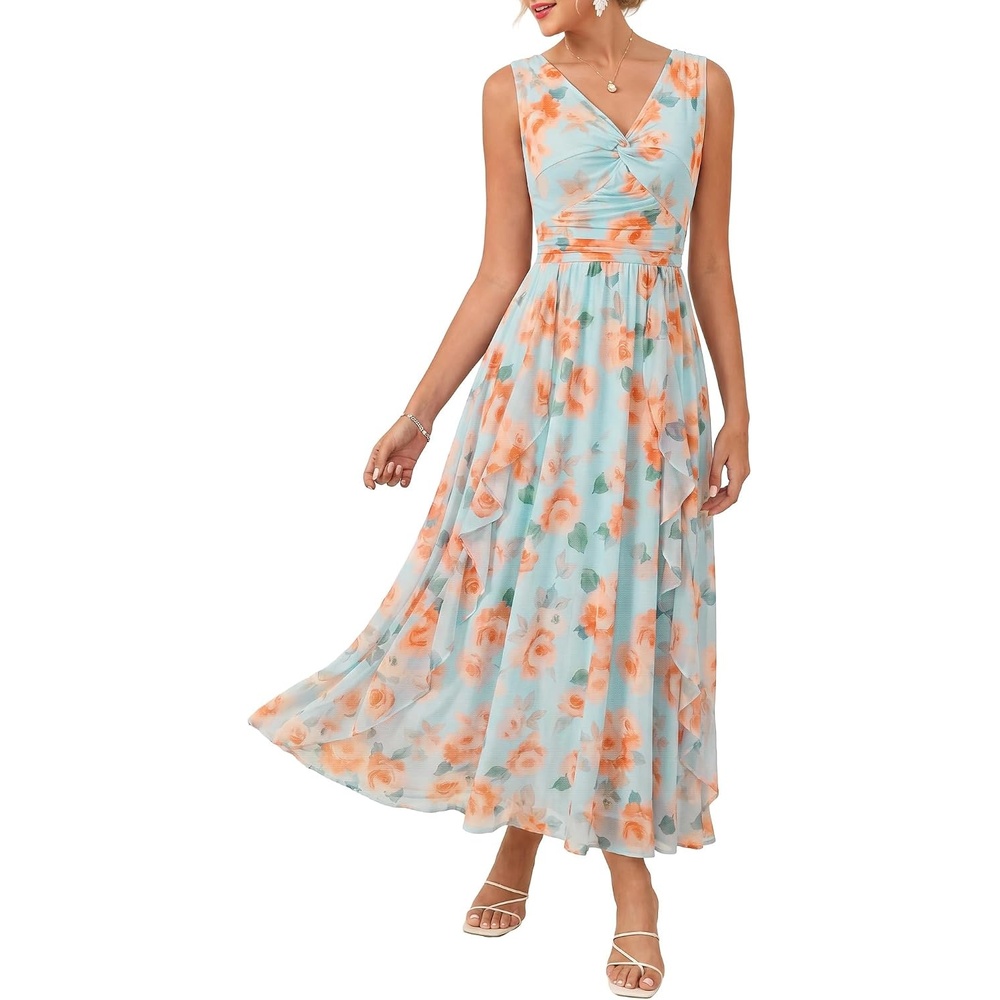 image:imageGRACE KARIN Womens Summer Sleeveless Floral Maxi Dress V Neck Formal Wedding Guest Dress A Line Beach Vacation ClothesOrange Blue