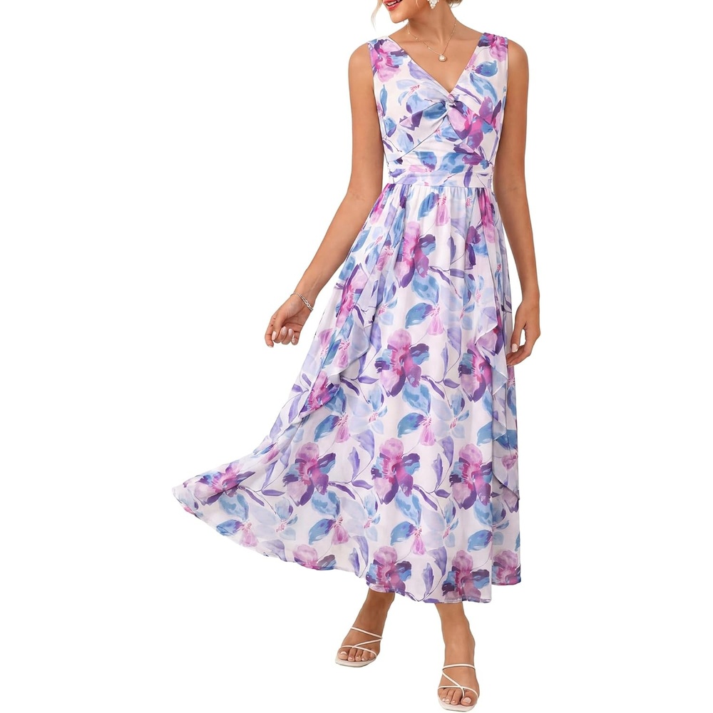image:imageGRACE KARIN Womens Summer Sleeveless Floral Maxi Dress V Neck Formal Wedding Guest Dress A Line Beach Vacation ClothesPurple
