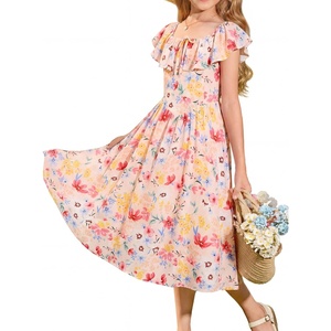 GRACE KARIN Girls Floral Dress Summer Midi Dress Off Shoulder Ruffle Spring Long Dresses(Colorful Flowers)