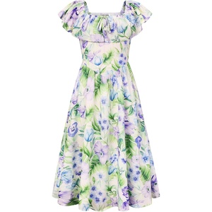 GRACE KARIN Girls Floral Dress Summer Midi Dress Off Shoulder Ruffle Spring Long Dresses(Green Flower)