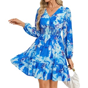 GRACE KARIN Summer Floral Mini Dress 2026 Fall Long Sleeve Wedding Guest Dress A Line Flowy Boho Short Dresses with Pockets(Sky Blue Floral)