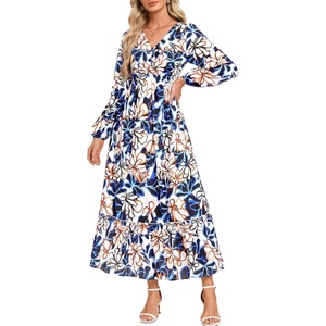 GRACE KARIN Women’s Fall Wedding Guest Dresses 2026 Floral Long Sleeve V Neck Maxi Dress Boho Flowy Outfit with Pockets(Blue Yellow Floral)