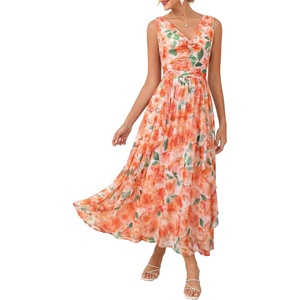 GRACE KARIN Women’s Summer Sleeveless Floral Maxi Dress V Neck Formal Wedding Guest Dress A Line Beach Vacation Clothes(Orange Red)