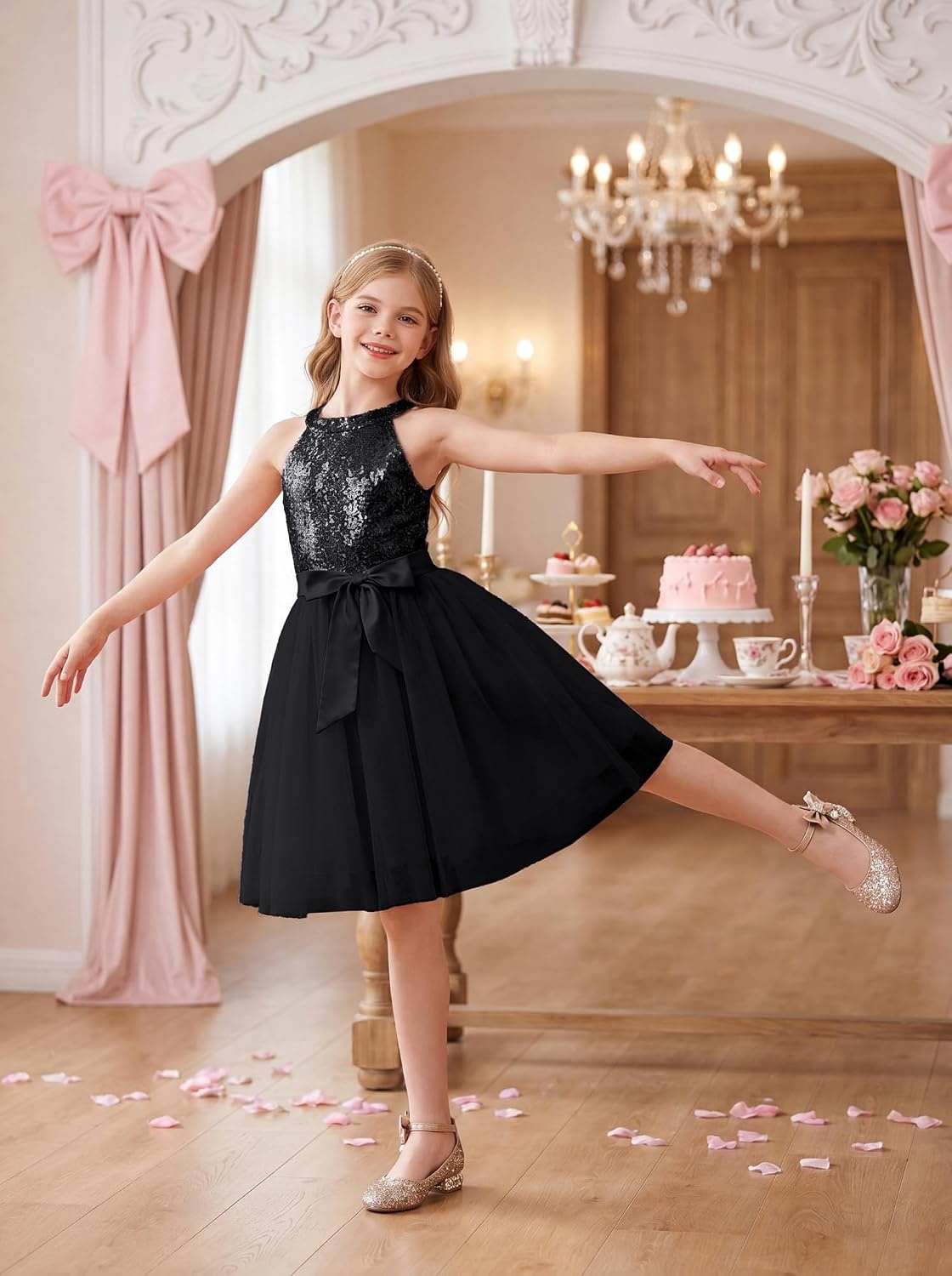 image:imageGRACE KARIN Girls Sequin Dress Halter Sleeveless Tulle Princess Party Wedding Flower Girl Dresses 612YBlack