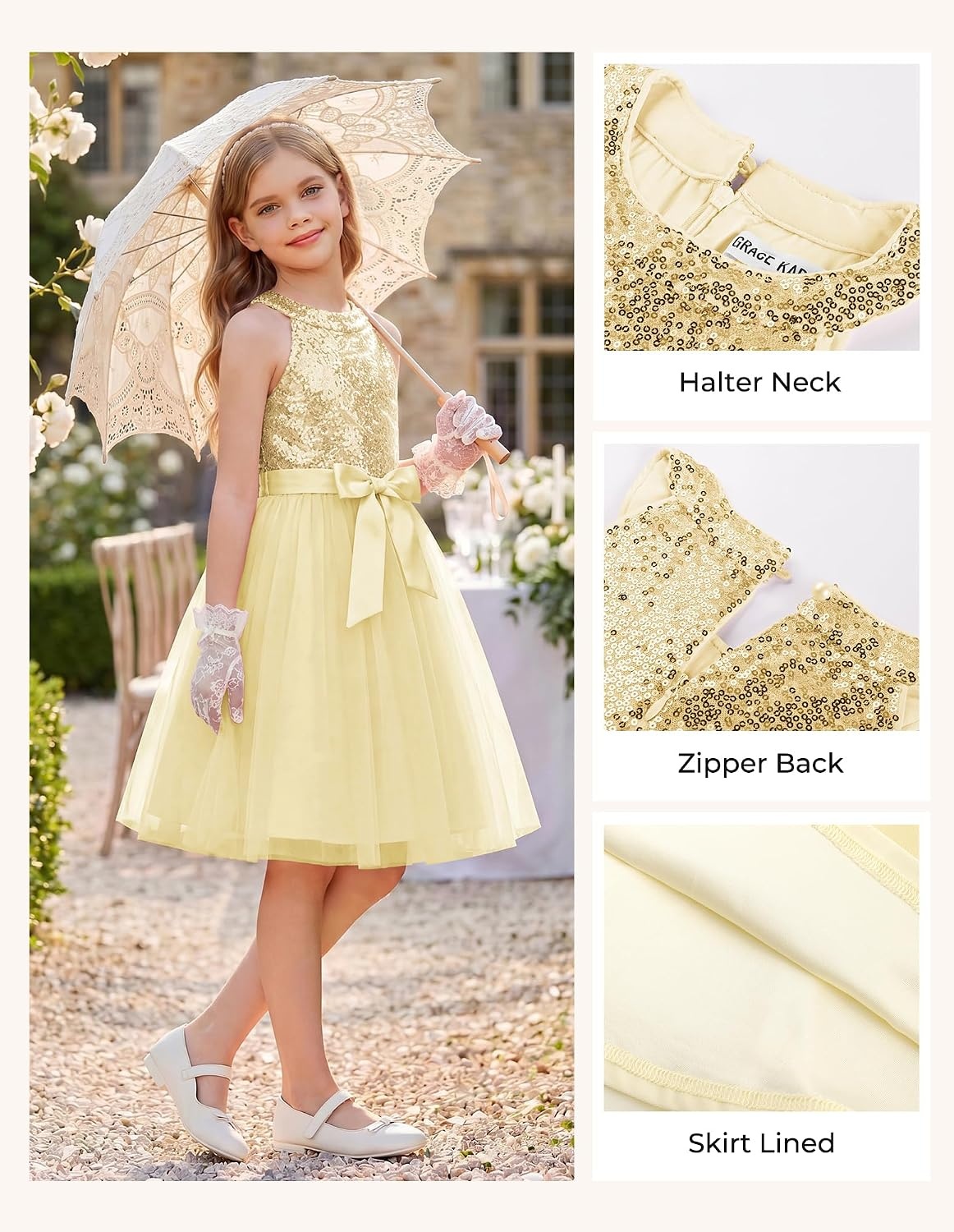 image:imageGRACE KARIN Girls Sequin Dress Halter Sleeveless Tulle Princess Party Wedding Flower Girl Dresses 612YChampagne Gold