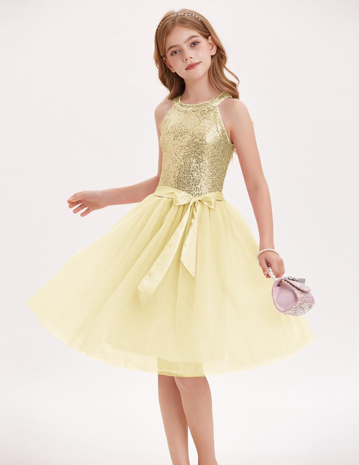 image:imageGRACE KARIN Girls Sequin Dress Halter Sleeveless Tulle Princess Party Wedding Flower Girl Dresses 612YChampagne Gold