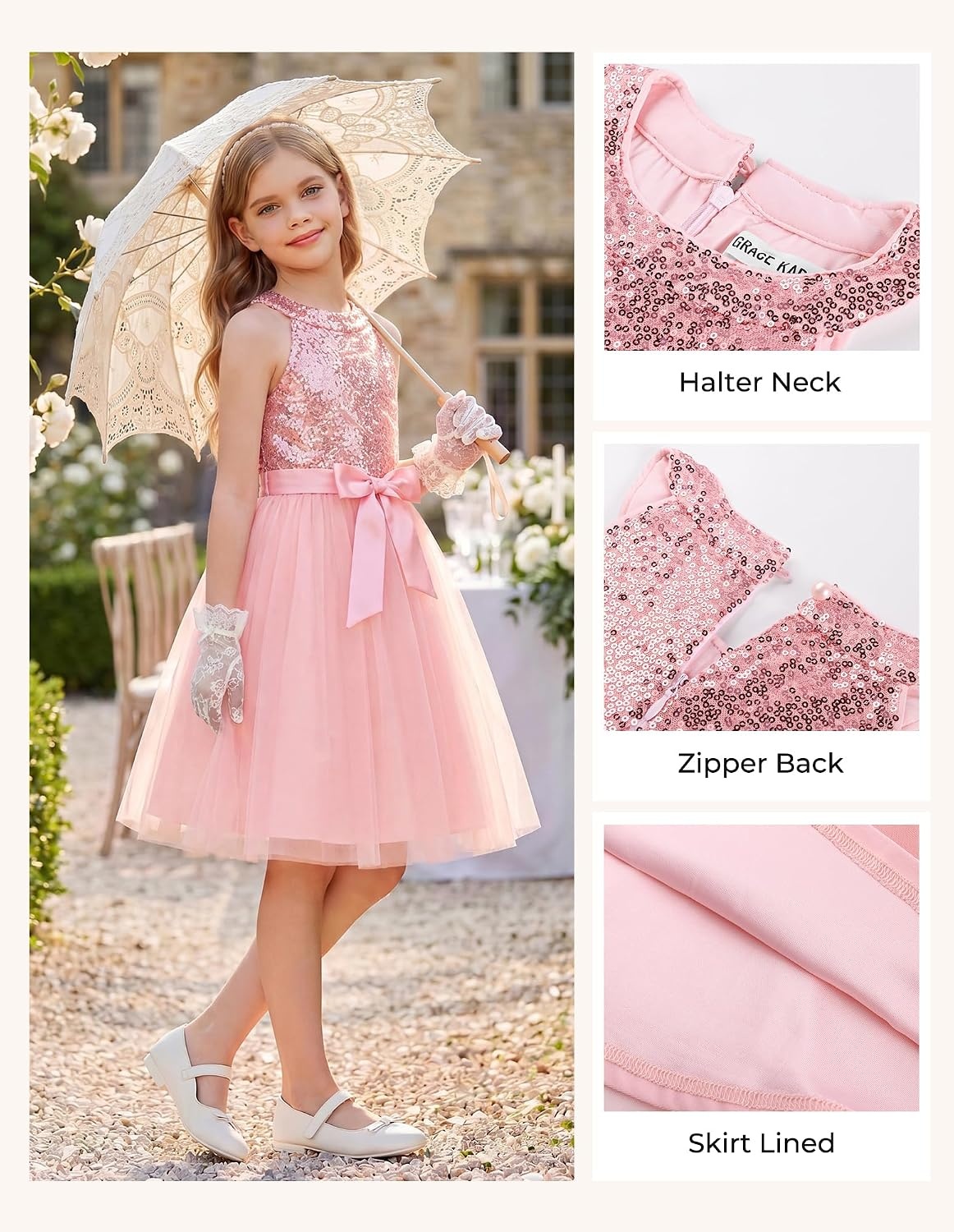 image:imageGRACE KARIN Girls Sequin Dress Halter Sleeveless Tulle Princess Party Wedding Flower Girl Dresses 612YPink