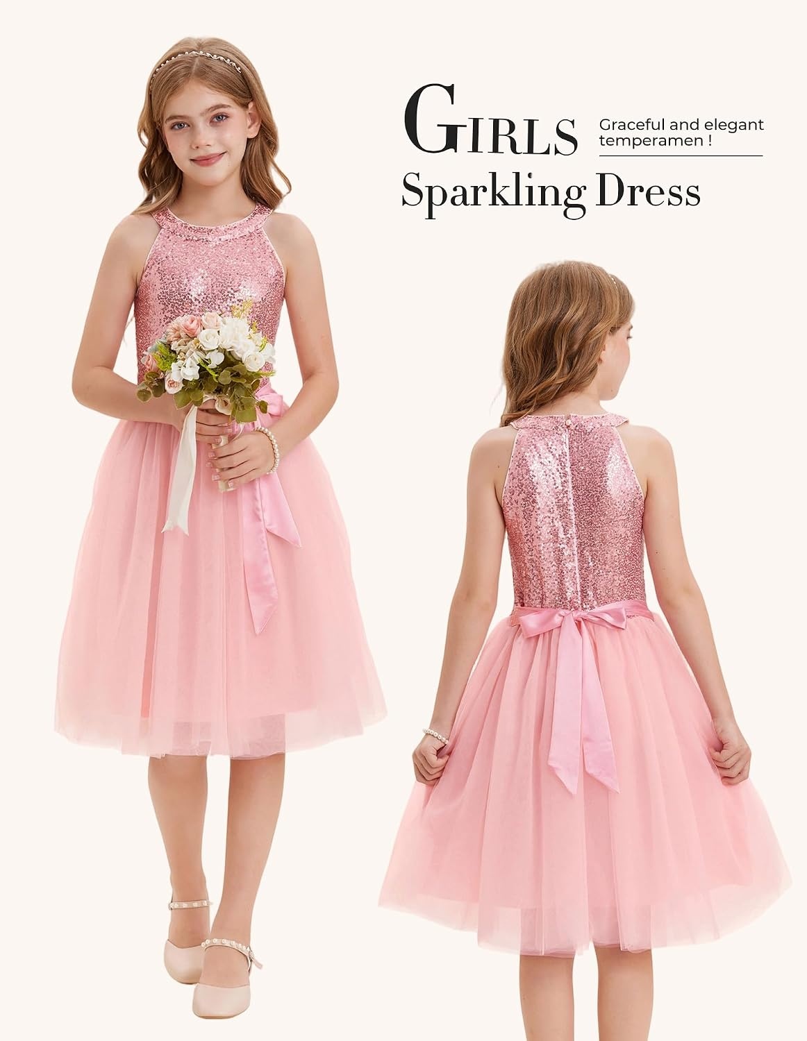 image:imageGRACE KARIN Girls Sequin Dress Halter Sleeveless Tulle Princess Party Wedding Flower Girl Dresses 612YPink