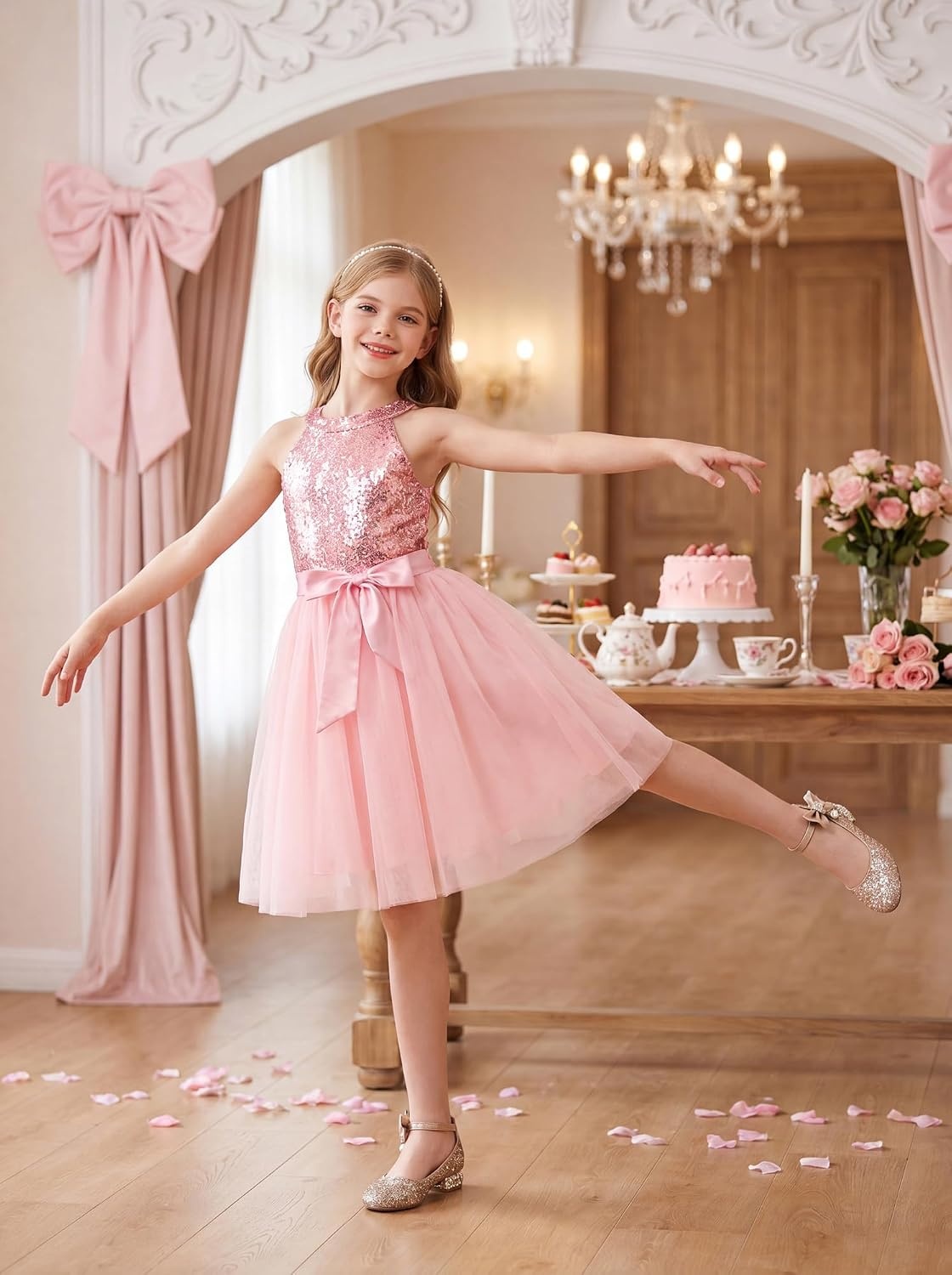 image:imageGRACE KARIN Girls Sequin Dress Halter Sleeveless Tulle Princess Party Wedding Flower Girl Dresses 612YPink