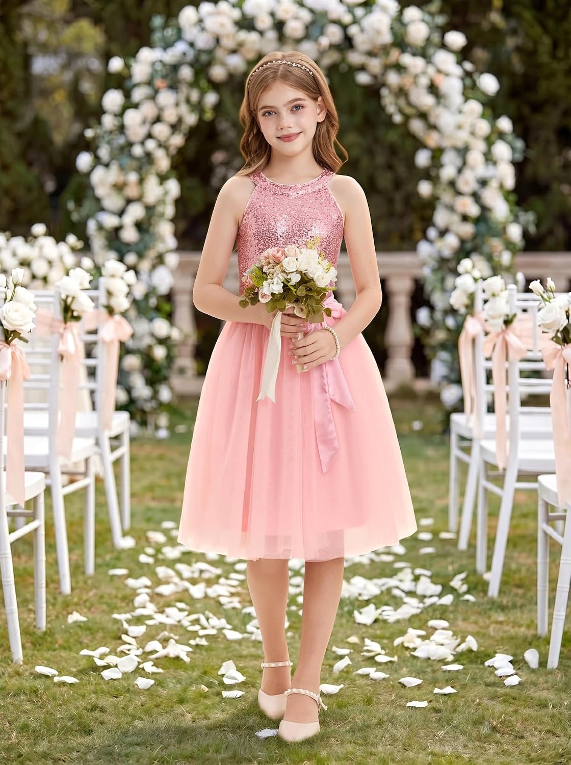 image:imageGRACE KARIN Girls Sequin Dress Halter Sleeveless Tulle Princess Party Wedding Flower Girl Dresses 612YPink