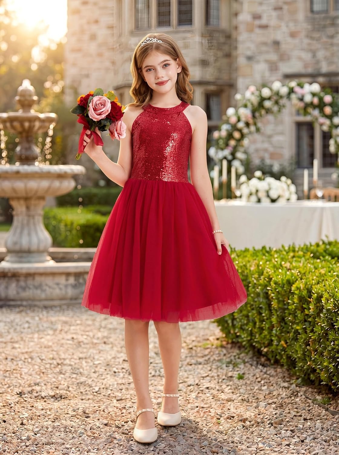 image:imageGRACE KARIN Girls Sequin Dress Halter Sleeveless Tulle Princess Party Wedding Flower Girl Dresses 612YRed