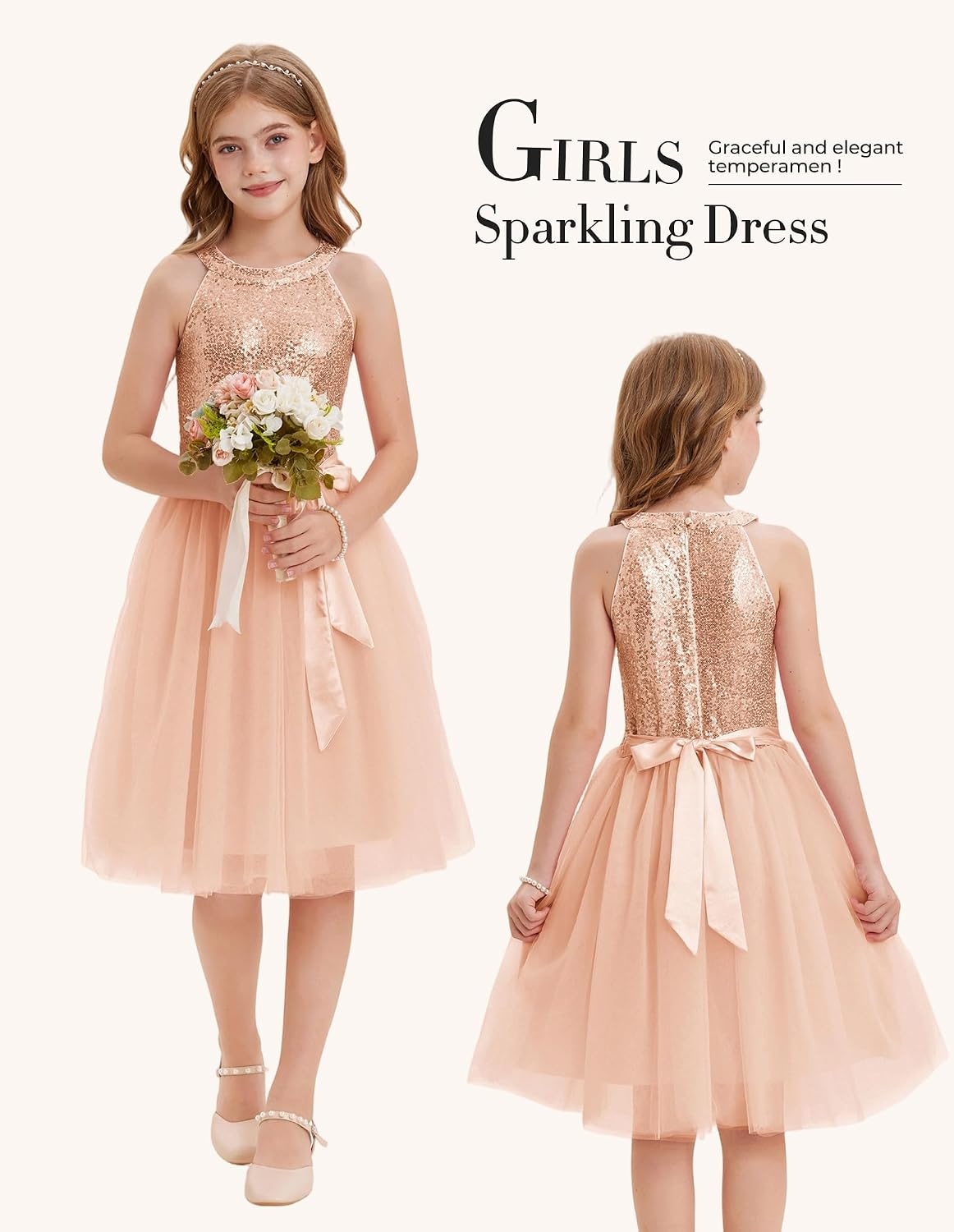 image:imageGRACE KARIN Girls Sequin Dress Halter Sleeveless Tulle Princess Party Wedding Flower Girl Dresses 612YRose Gold