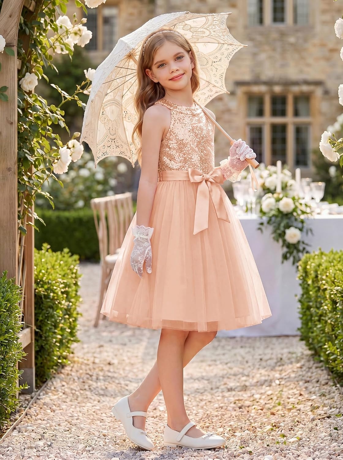 image:imageGRACE KARIN Girls Sequin Dress Halter Sleeveless Tulle Princess Party Wedding Flower Girl Dresses 612YRose Gold