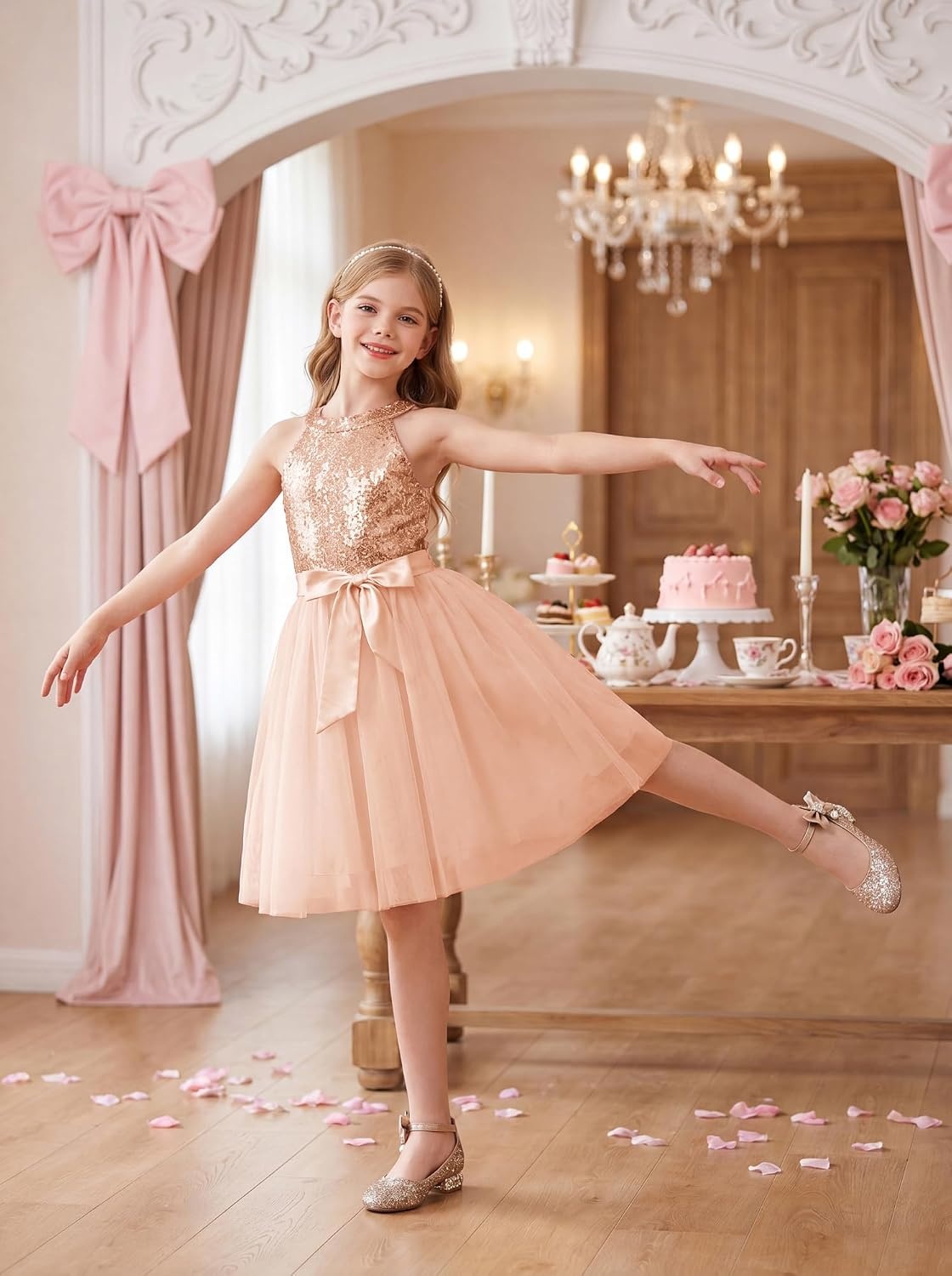 image:imageGRACE KARIN Girls Sequin Dress Halter Sleeveless Tulle Princess Party Wedding Flower Girl Dresses 612YRose Gold