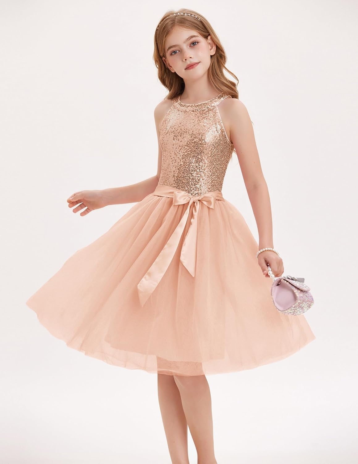 image:imageGRACE KARIN Girls Sequin Dress Halter Sleeveless Tulle Princess Party Wedding Flower Girl Dresses 612YRose Gold