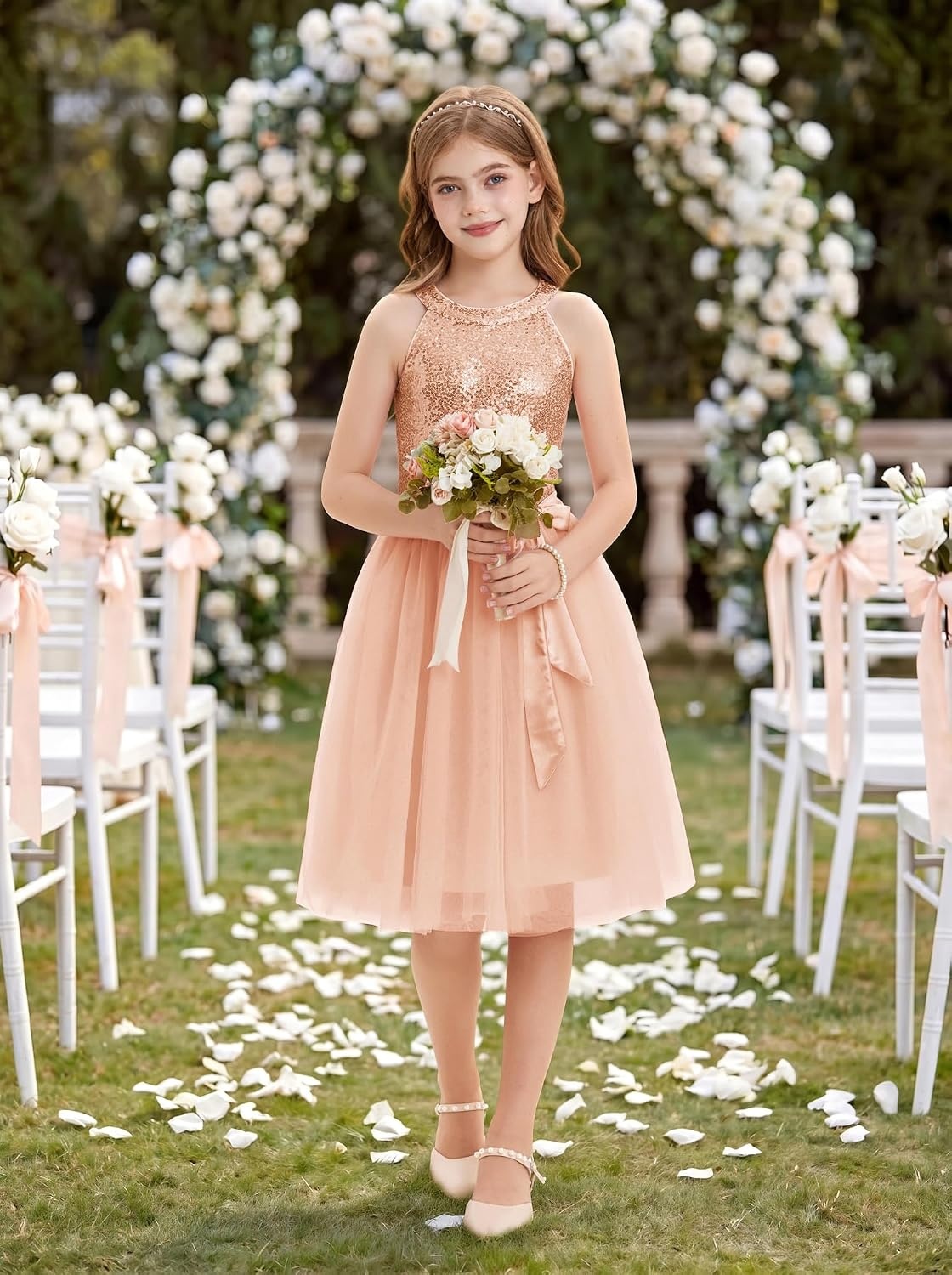 image:imageGRACE KARIN Girls Sequin Dress Halter Sleeveless Tulle Princess Party Wedding Flower Girl Dresses 612YRose Gold