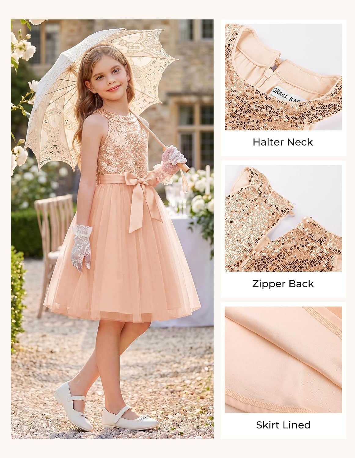 image:imageGRACE KARIN Girls Sequin Dress Halter Sleeveless Tulle Princess Party Wedding Flower Girl Dresses 612YRose Gold