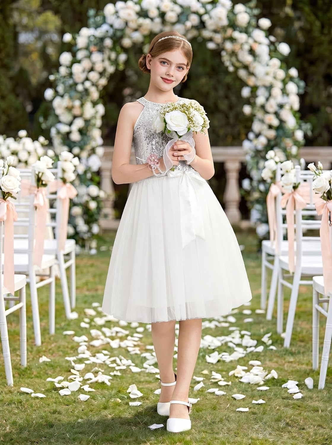 image:imageGRACE KARIN Girls Sequin Dress Halter Sleeveless Tulle Princess Party Wedding Flower Girl Dresses 612YWhite Silver