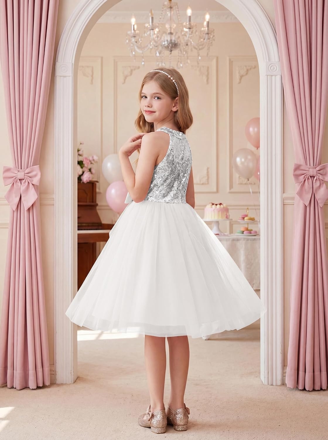image:imageGRACE KARIN Girls Sequin Dress Halter Sleeveless Tulle Princess Party Wedding Flower Girl Dresses 612YWhite Silver