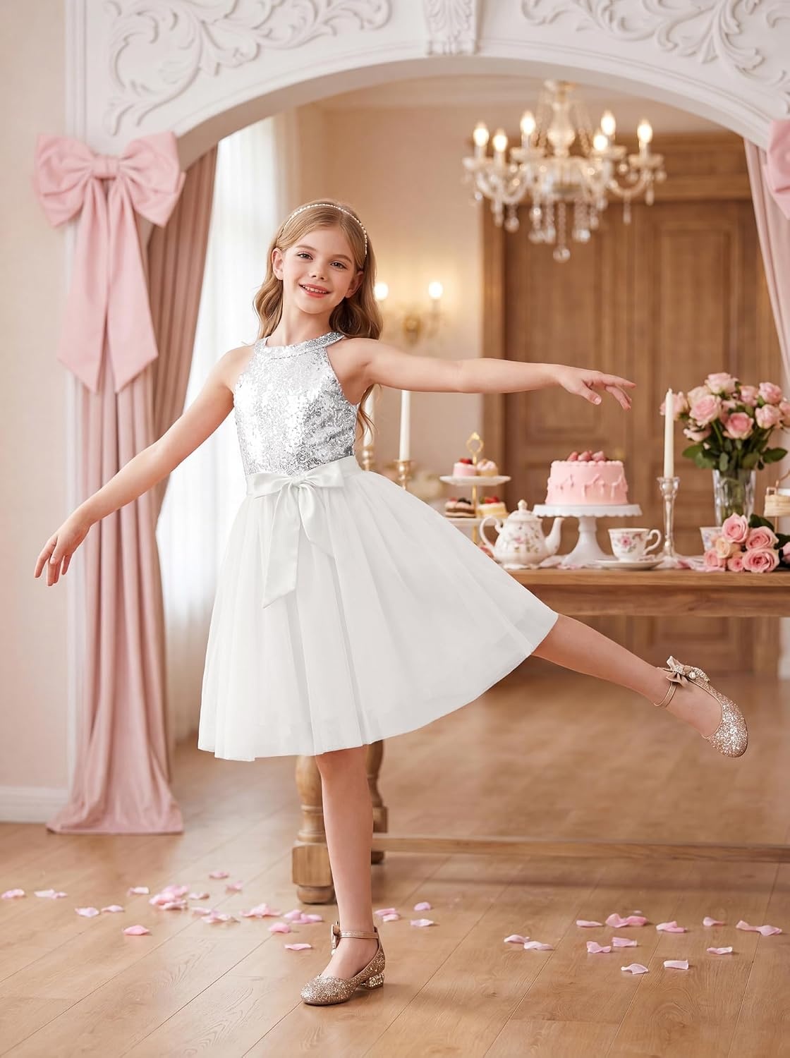 image:imageGRACE KARIN Girls Sequin Dress Halter Sleeveless Tulle Princess Party Wedding Flower Girl Dresses 612YWhite Silver
