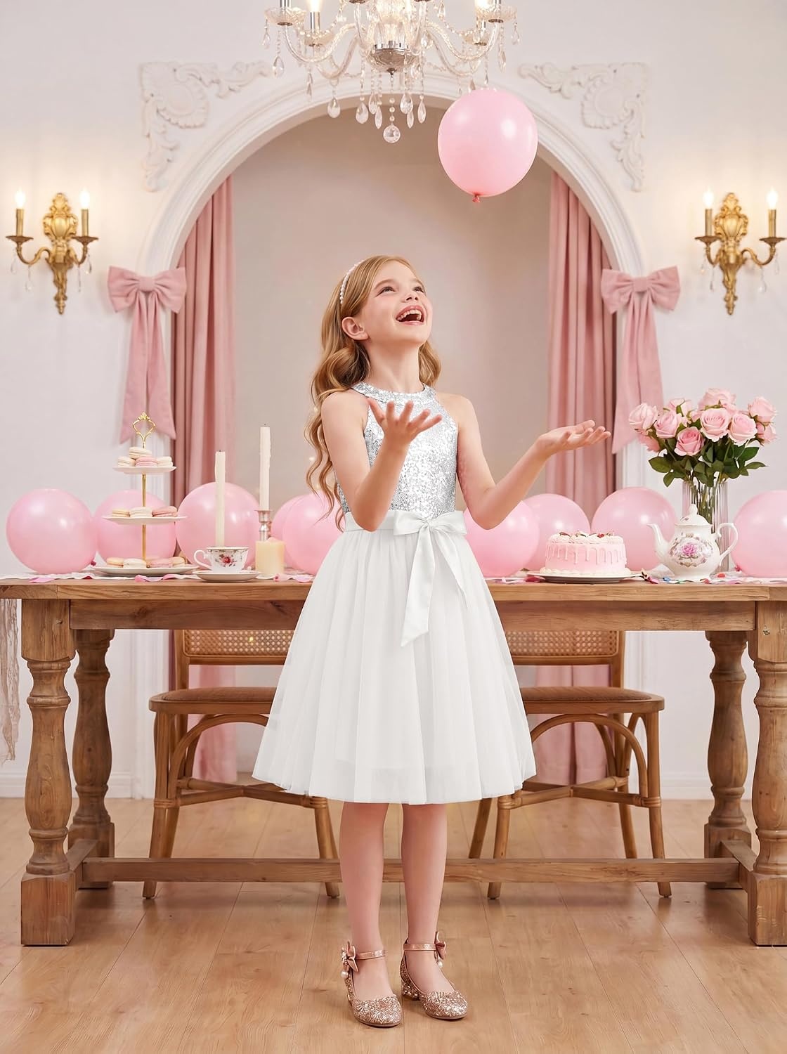 image:imageGRACE KARIN Girls Sequin Dress Halter Sleeveless Tulle Princess Party Wedding Flower Girl Dresses 612YWhite Silver