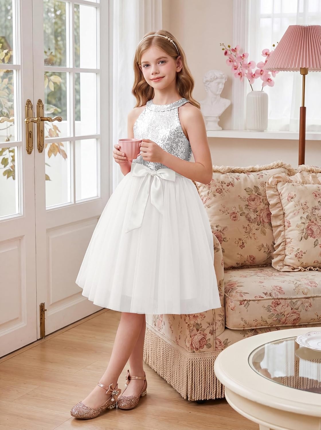 image:imageGRACE KARIN Girls Sequin Dress Halter Sleeveless Tulle Princess Party Wedding Flower Girl Dresses 612YWhite Silver