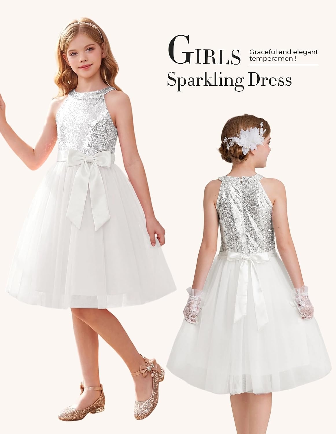 image:imageGRACE KARIN Girls Sequin Dress Halter Sleeveless Tulle Princess Party Wedding Flower Girl Dresses 612YWhite Silver