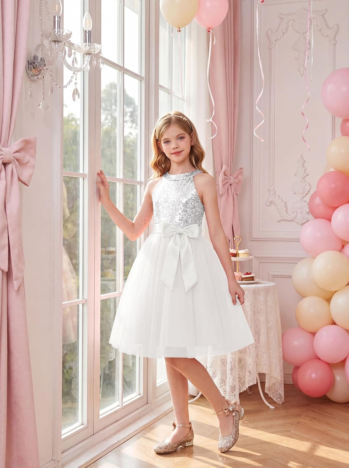 image:imageGRACE KARIN Girls Sequin Dress Halter Sleeveless Tulle Princess Party Wedding Flower Girl Dresses 612YWhite Silver
