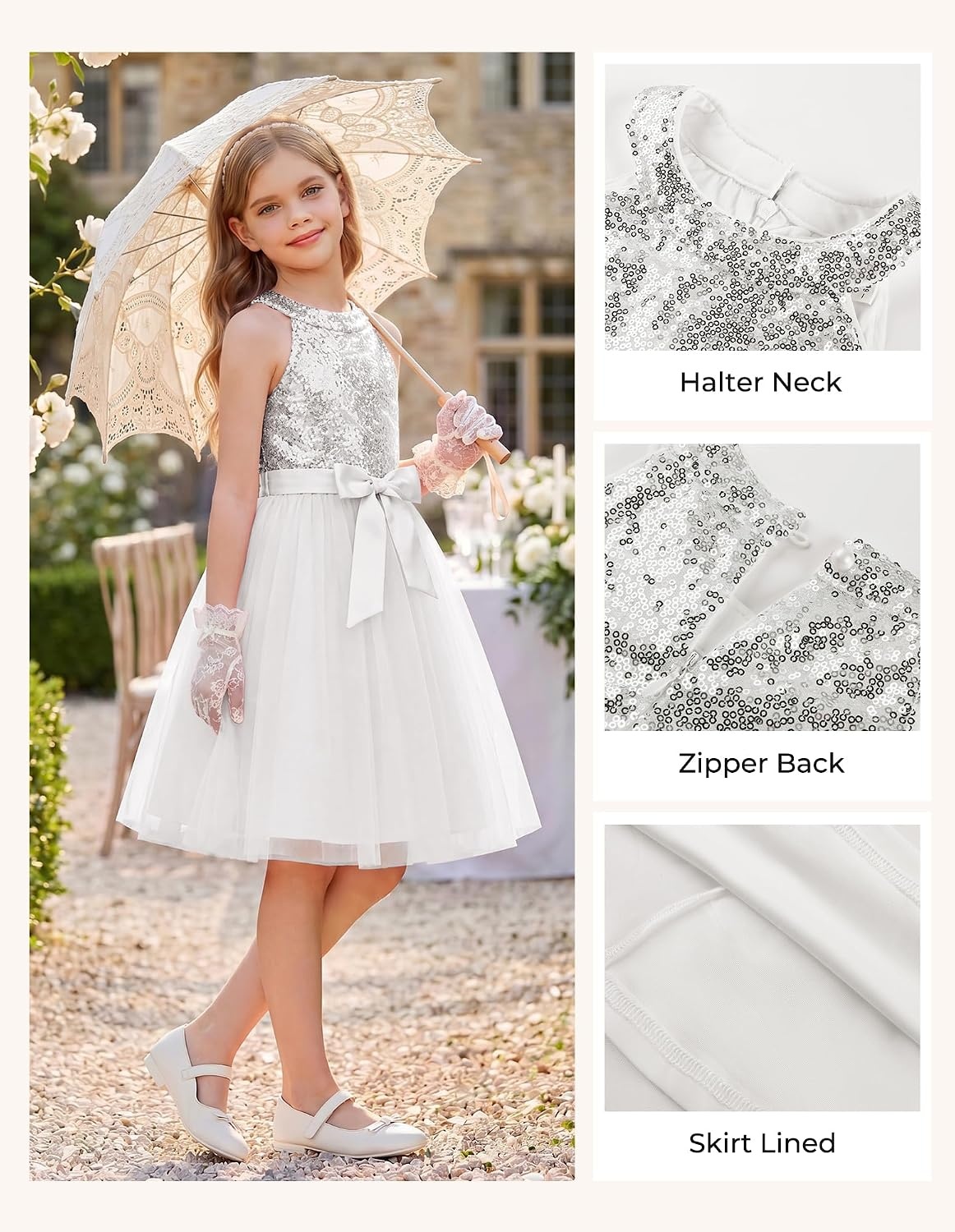image:imageGRACE KARIN Girls Sequin Dress Halter Sleeveless Tulle Princess Party Wedding Flower Girl Dresses 612YWhite Silver