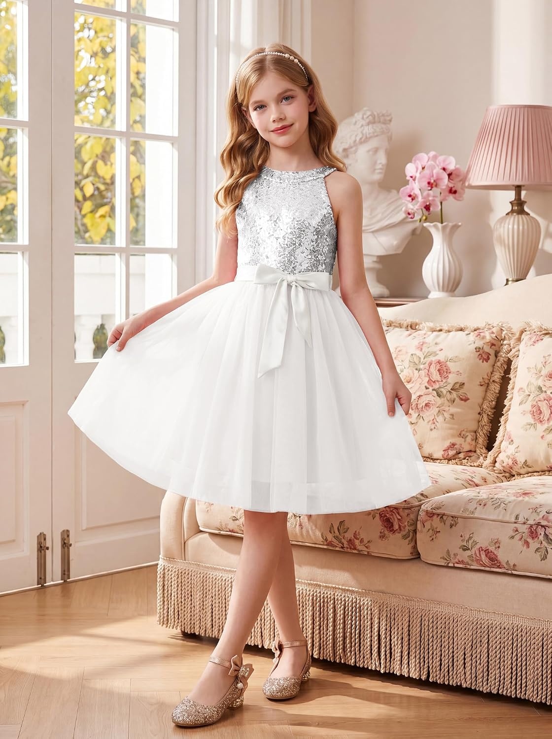 image:imageGRACE KARIN Girls Sequin Dress Halter Sleeveless Tulle Princess Party Wedding Flower Girl Dresses 612YWhite Silver