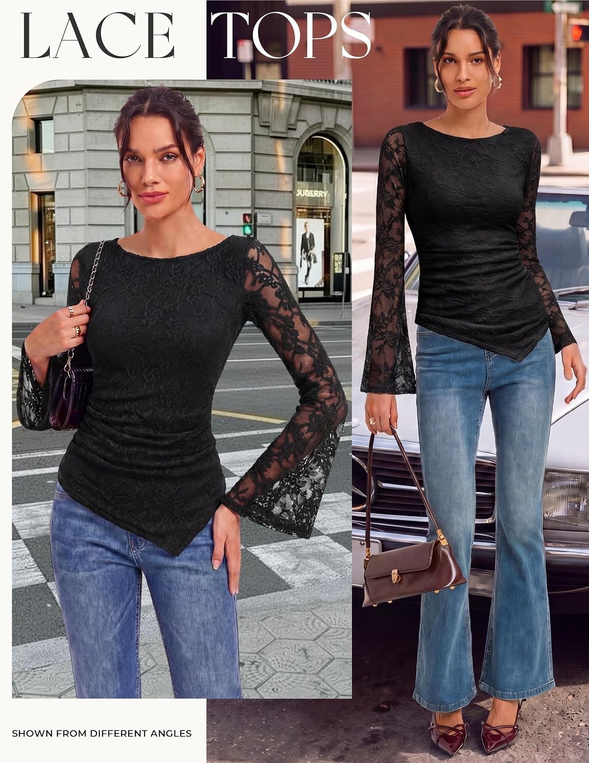 image:imageGRACE KARIN Womens Lace Bell Long Sleeve Tops 2026 Fall Boat Neck Ruched Going Out Shirt Asymmetrical Y2K Clothes Date NightBlack Rose Lace