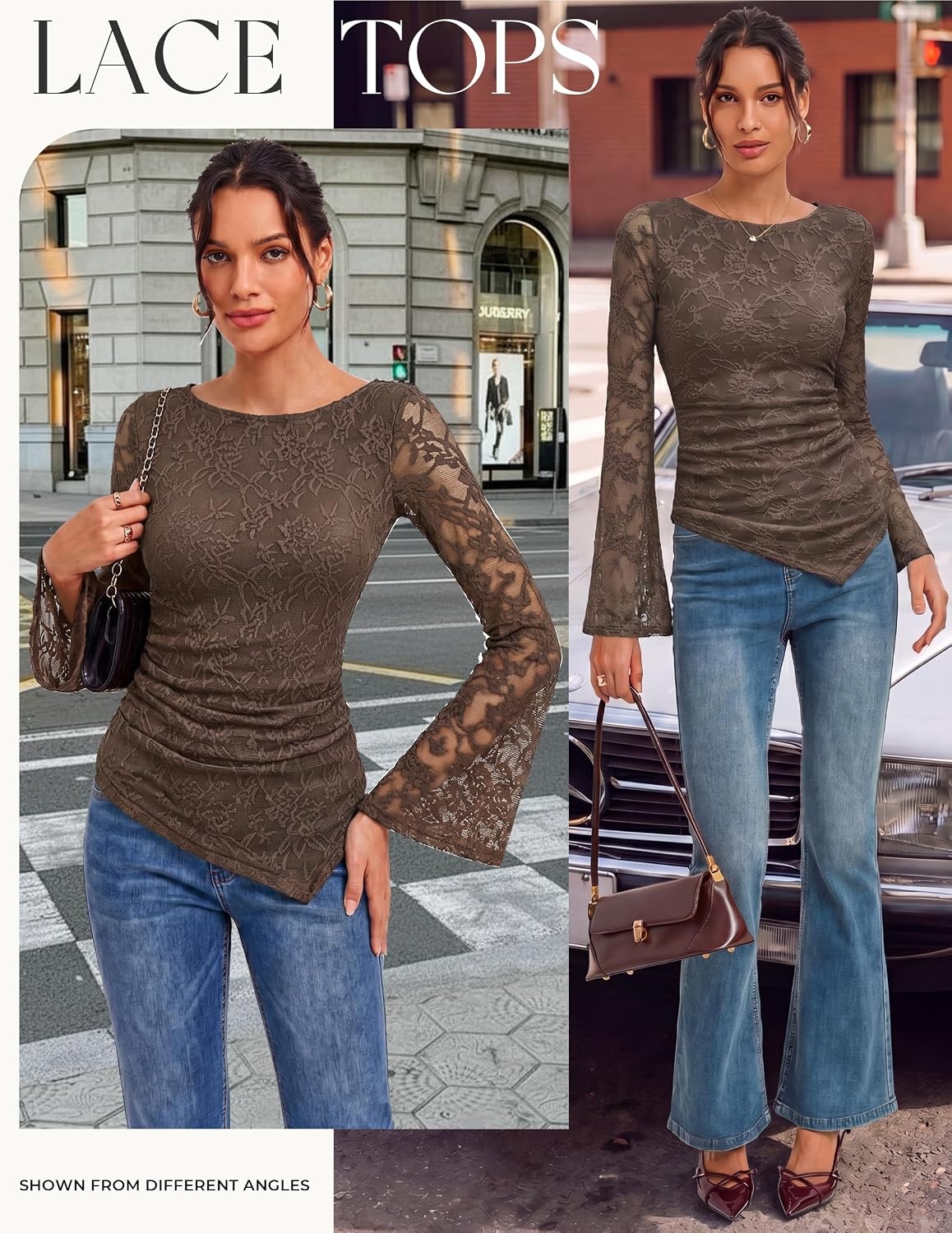 image:imageGRACE KARIN Womens Lace Bell Long Sleeve Tops 2026 Fall Boat Neck Ruched Going Out Shirt Asymmetrical Y2K Clothes Date NightCoffee Rose Lace