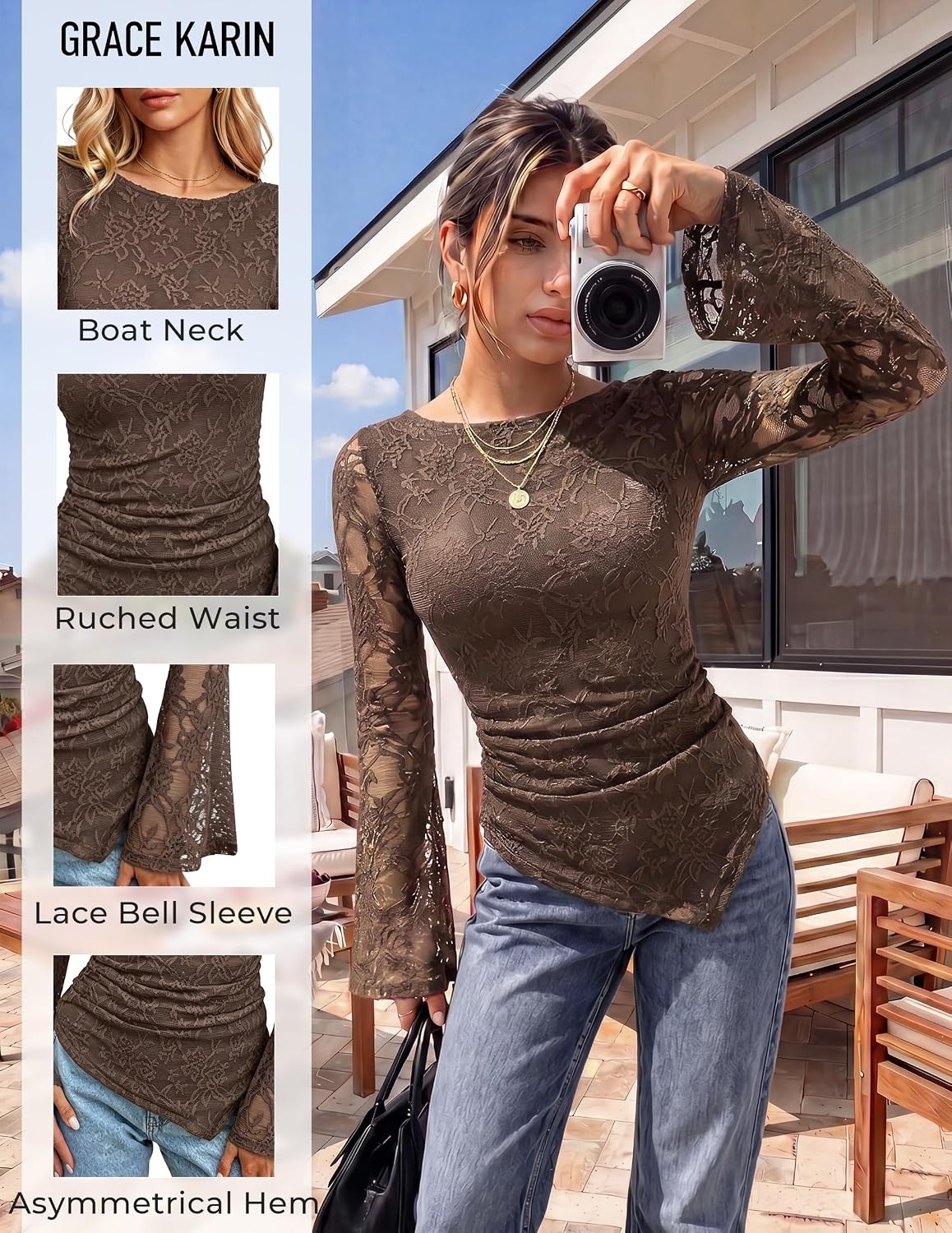 image:imageGRACE KARIN Womens Lace Bell Long Sleeve Tops 2026 Fall Boat Neck Ruched Going Out Shirt Asymmetrical Y2K Clothes Date NightCoffee Rose Lace