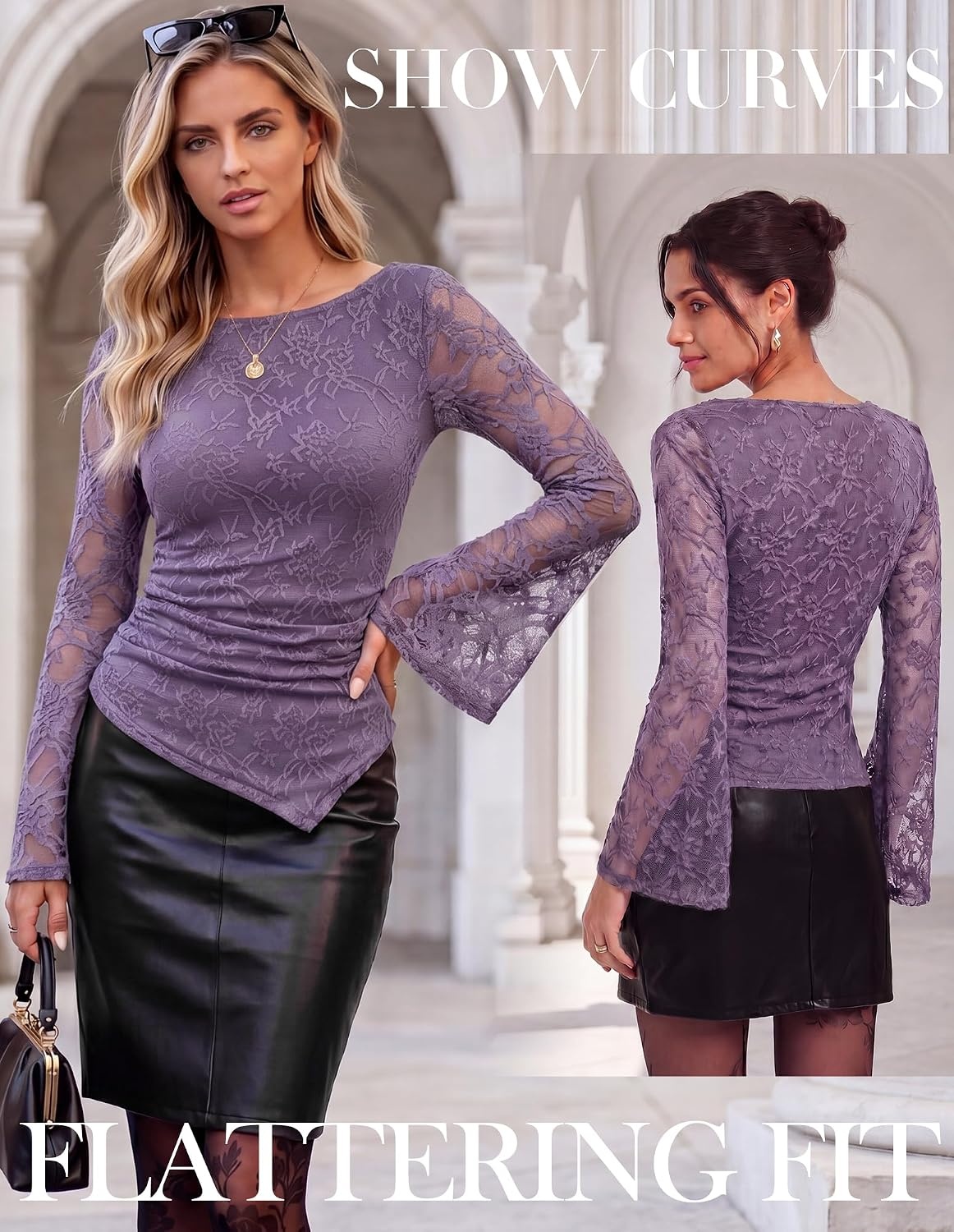 image:imageGRACE KARIN Womens Lace Bell Long Sleeve Tops 2026 Fall Boat Neck Ruched Going Out Shirt Asymmetrical Y2K Clothes Date NightDusty Purple Rose Lace