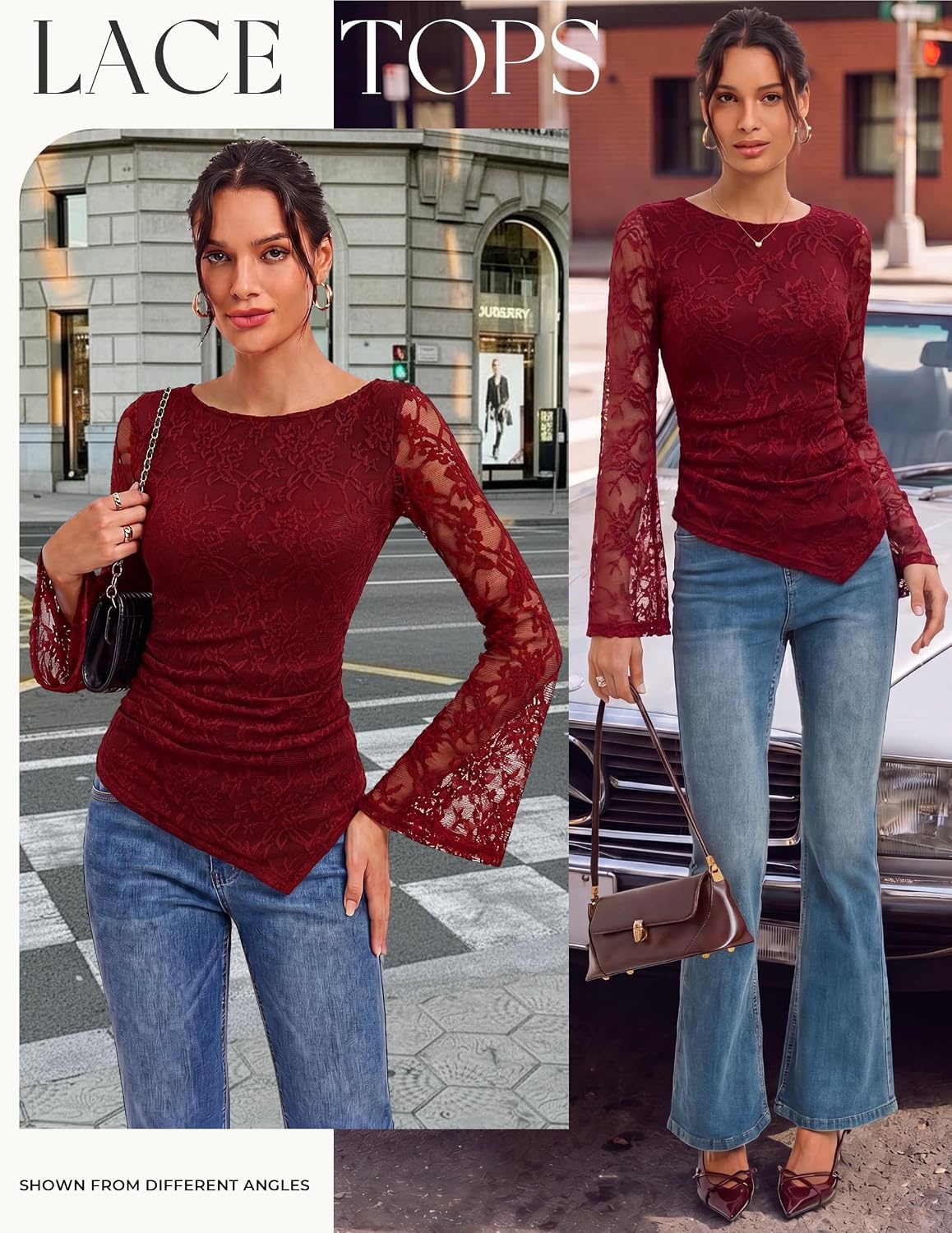 image:imageGRACE KARIN Womens Lace Bell Long Sleeve Tops 2026 Fall Boat Neck Ruched Going Out Shirt Asymmetrical Y2K Clothes Date NightRed Rose Lace