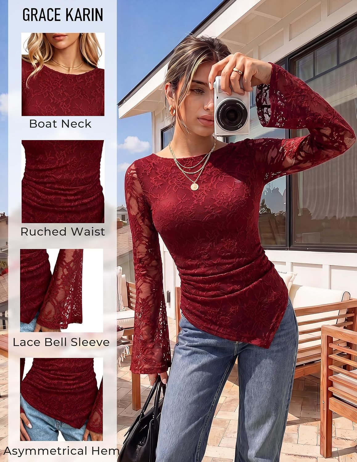 image:imageGRACE KARIN Womens Lace Bell Long Sleeve Tops 2026 Fall Boat Neck Ruched Going Out Shirt Asymmetrical Y2K Clothes Date NightRed Rose Lace