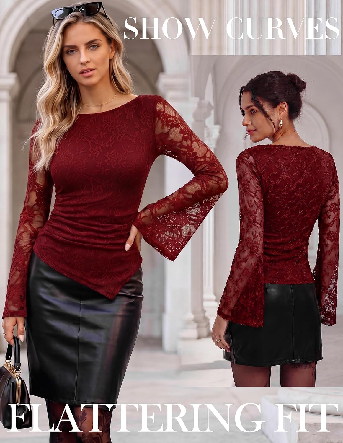 image:imageGRACE KARIN Womens Lace Bell Long Sleeve Tops 2026 Fall Boat Neck Ruched Going Out Shirt Asymmetrical Y2K Clothes Date NightRed Rose Lace