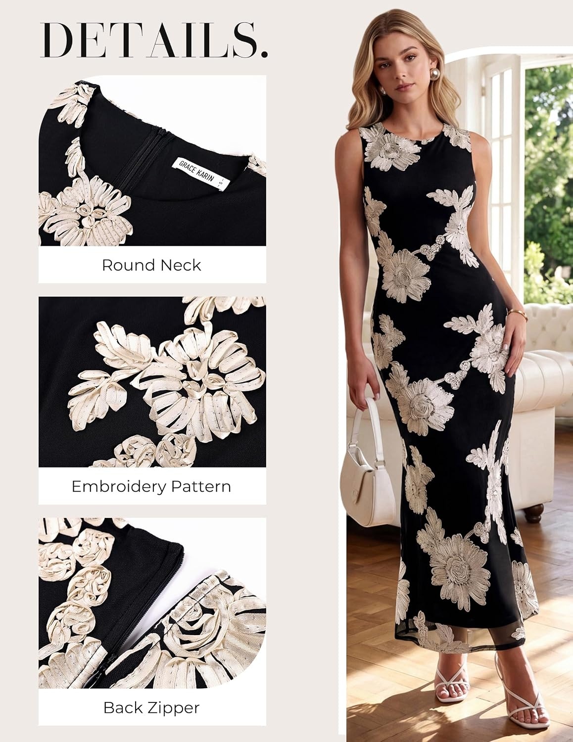 image:imageGRACE KARIN Womens Summer Floral Wedding Guest Dresses 2026 Sleeveless Mesh Bodycon Maxi Dress Cocktail Party Long DressesBlack