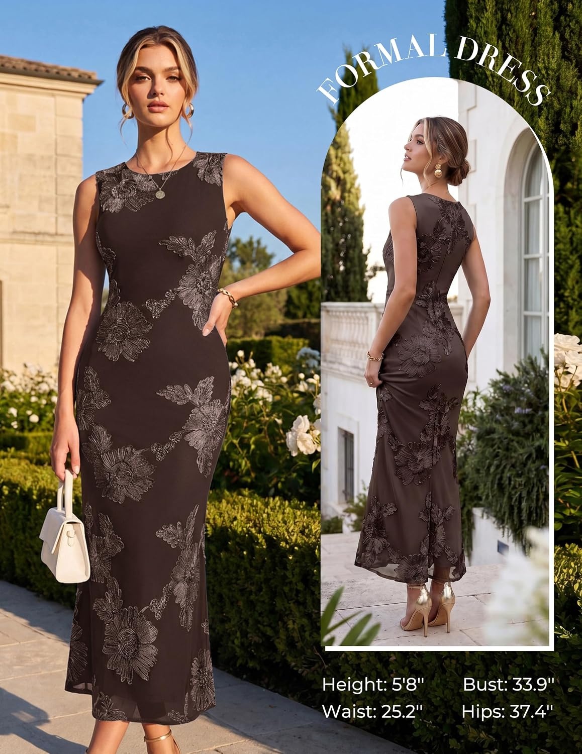 image:imageGRACE KARIN Womens Summer Floral Wedding Guest Dresses 2026 Sleeveless Mesh Bodycon Maxi Dress Cocktail Party Long DressesCoffee