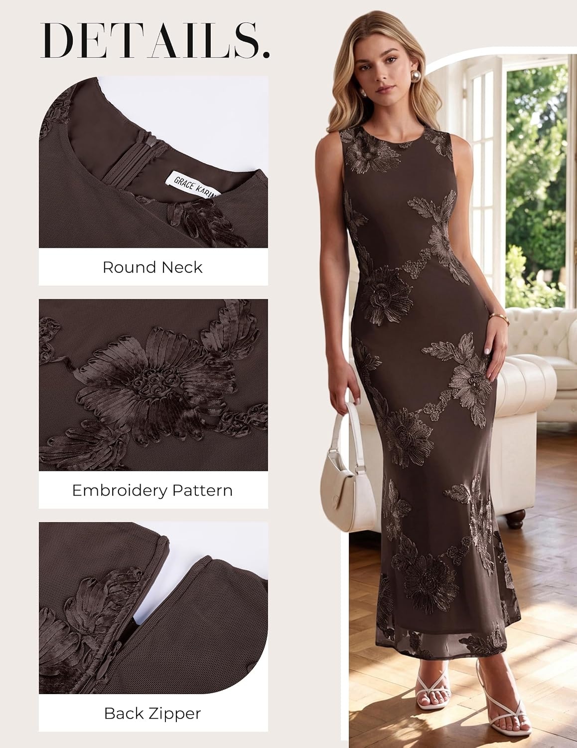 image:imageGRACE KARIN Womens Summer Floral Wedding Guest Dresses 2026 Sleeveless Mesh Bodycon Maxi Dress Cocktail Party Long DressesCoffee