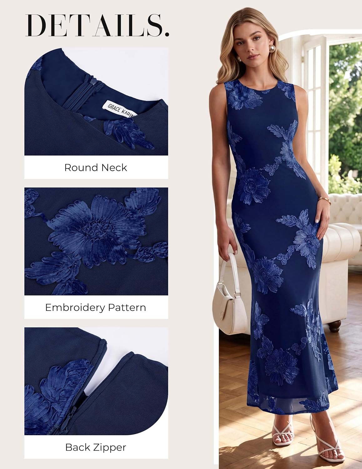 image:imageGRACE KARIN Womens Summer Floral Wedding Guest Dresses 2026 Sleeveless Mesh Bodycon Maxi Dress Cocktail Party Long DressesNavy