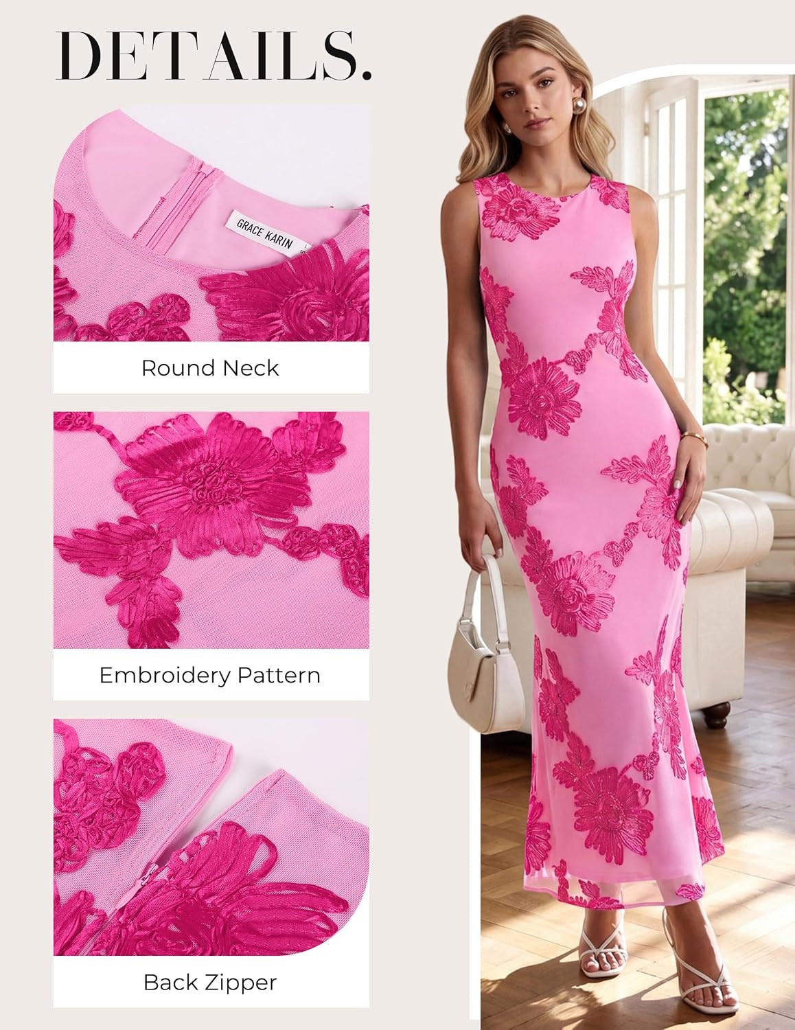 image:imageGRACE KARIN Womens Summer Floral Wedding Guest Dresses 2026 Sleeveless Mesh Bodycon Maxi Dress Cocktail Party Long DressesRose