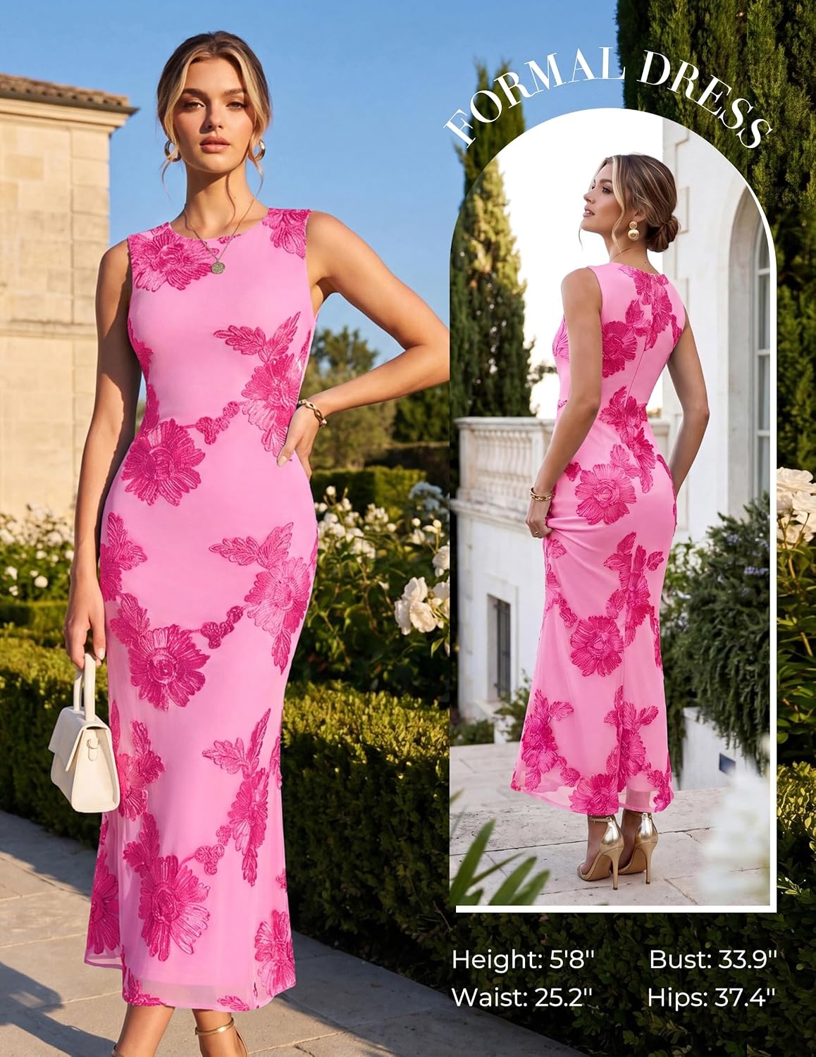 image:imageGRACE KARIN Womens Summer Floral Wedding Guest Dresses 2026 Sleeveless Mesh Bodycon Maxi Dress Cocktail Party Long DressesRose