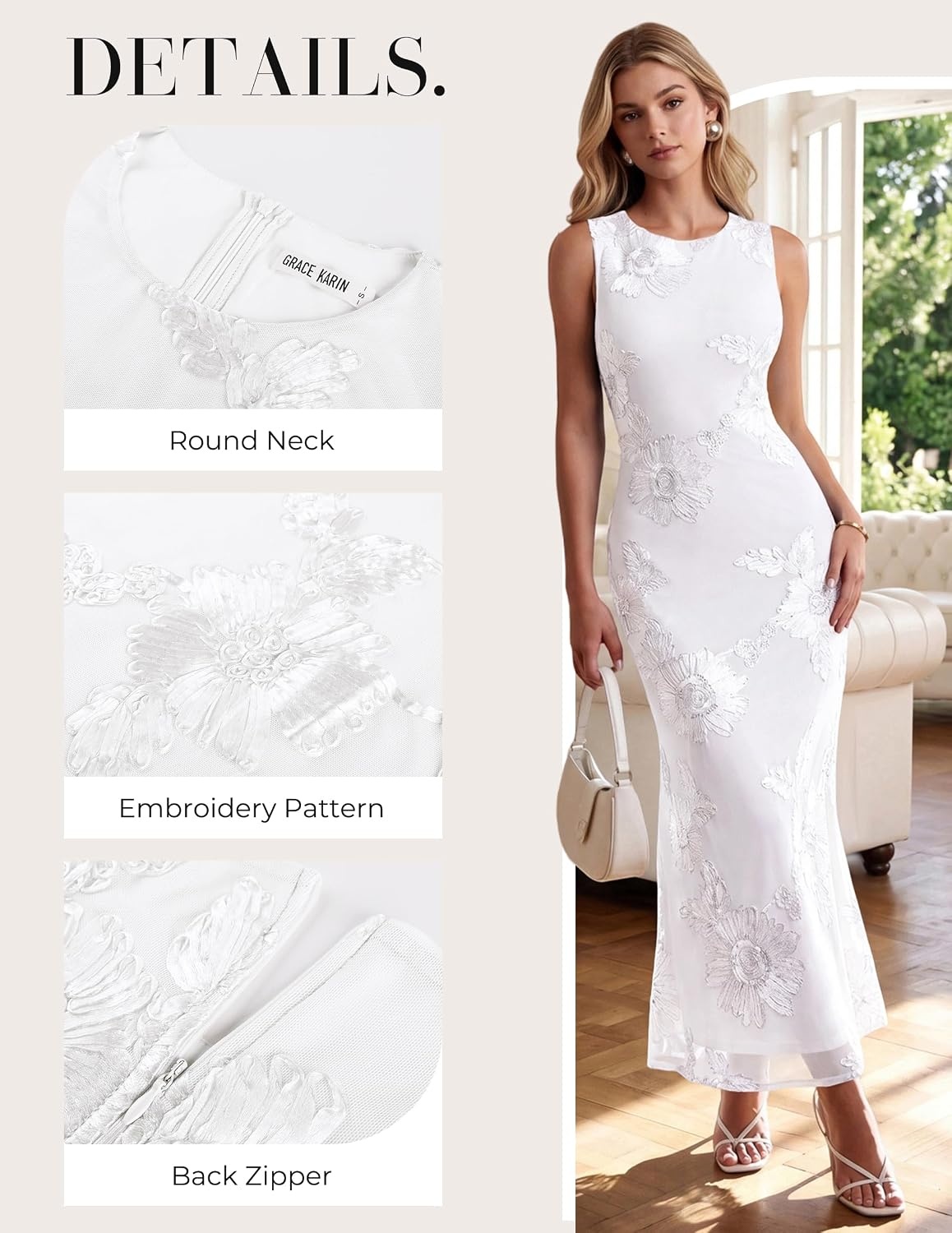image:imageGRACE KARIN Womens Summer Floral Wedding Guest Dresses 2026 Sleeveless Mesh Bodycon Maxi Dress Cocktail Party Long DressesWhite