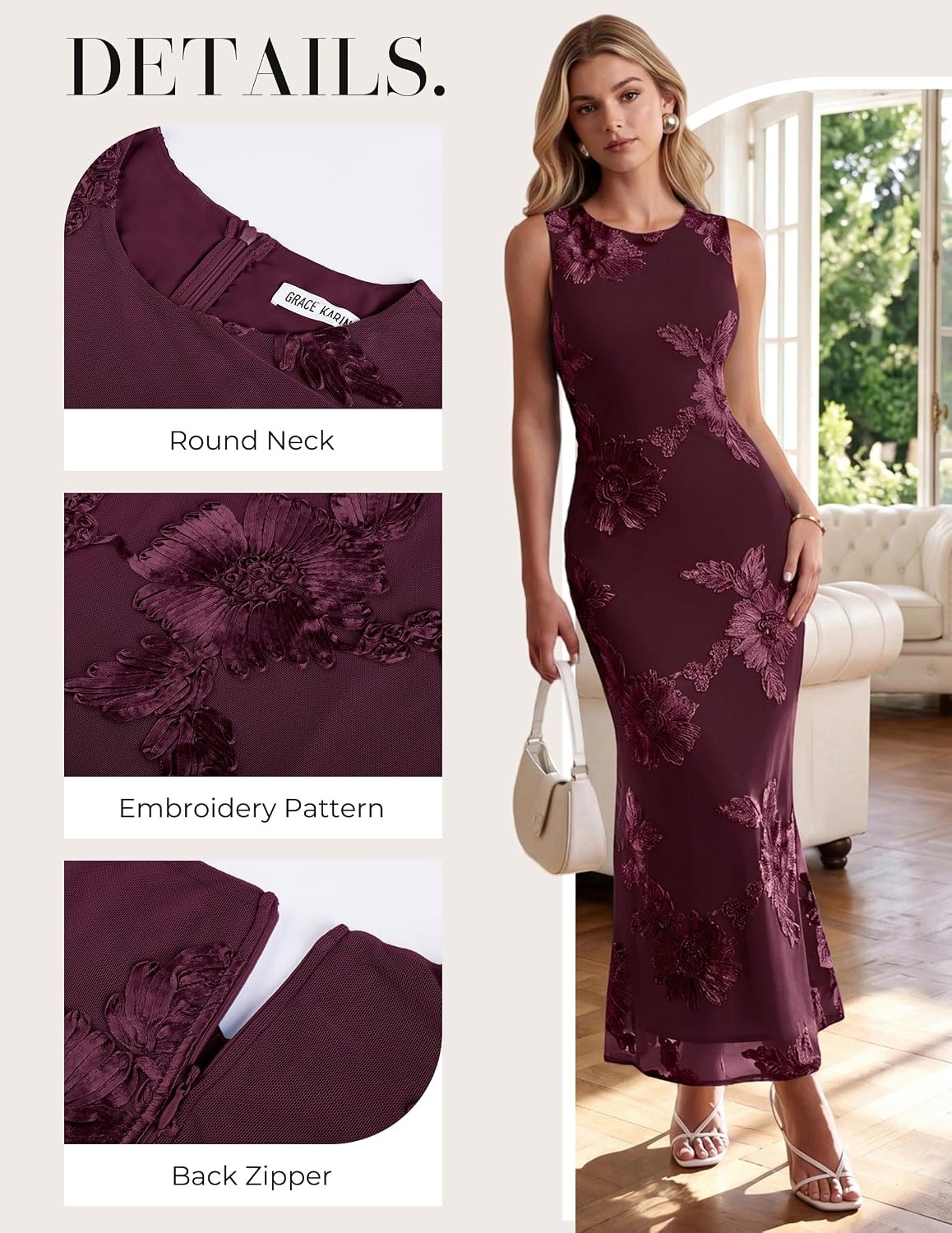 image:imageGRACE KARIN Womens Summer Floral Wedding Guest Dresses 2026 Sleeveless Mesh Bodycon Maxi Dress Cocktail Party Long DressesWine