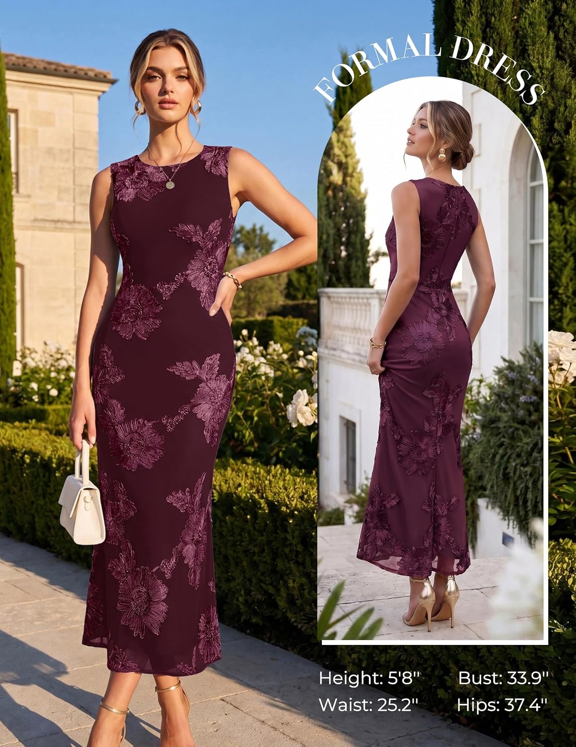 image:imageGRACE KARIN Womens Summer Floral Wedding Guest Dresses 2026 Sleeveless Mesh Bodycon Maxi Dress Cocktail Party Long DressesWine