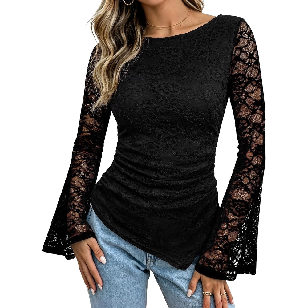 image:imageGRACE KARIN Womens Lace Bell Long Sleeve Tops 2026 Fall Boat Neck Ruched Going Out Shirt Asymmetrical Y2K Clothes Date NightBlack Peony Lace