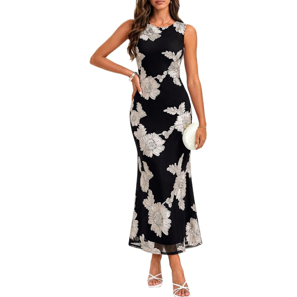 image:imageGRACE KARIN Womens Summer Floral Wedding Guest Dresses 2026 Sleeveless Mesh Bodycon Maxi Dress Cocktail Party Long DressesBlack